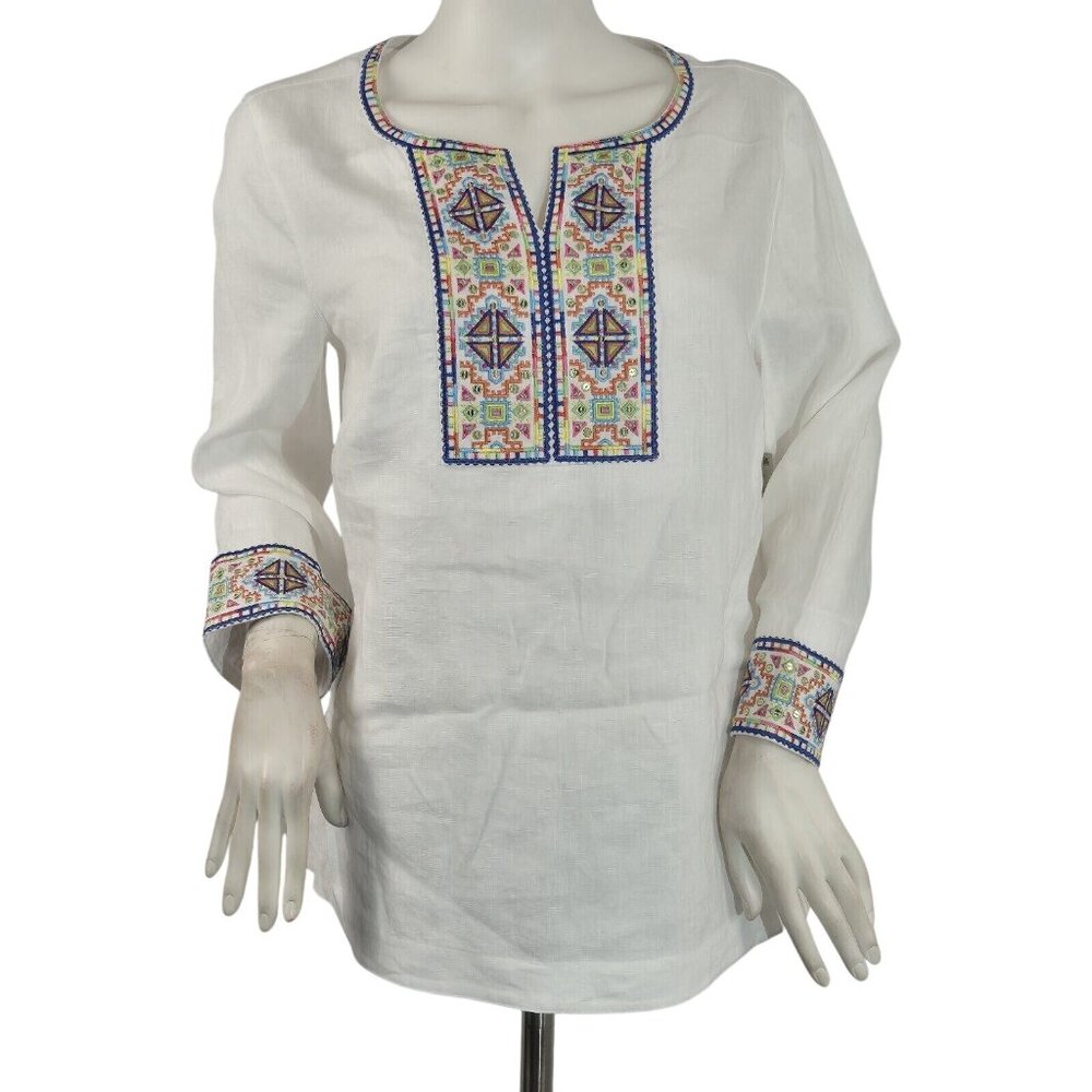 John Mark Womens Embroidered Linen Blouse  size S White Long Sleeve